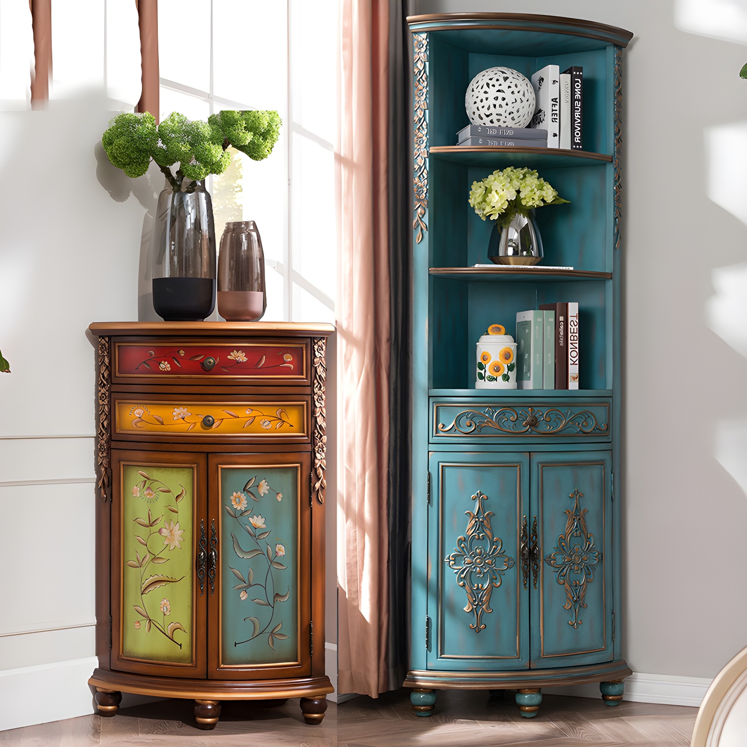Rustic Corner Accent Cabinet with Wood Counter Top, Drawers, and Cabinet, Small Size - image 12