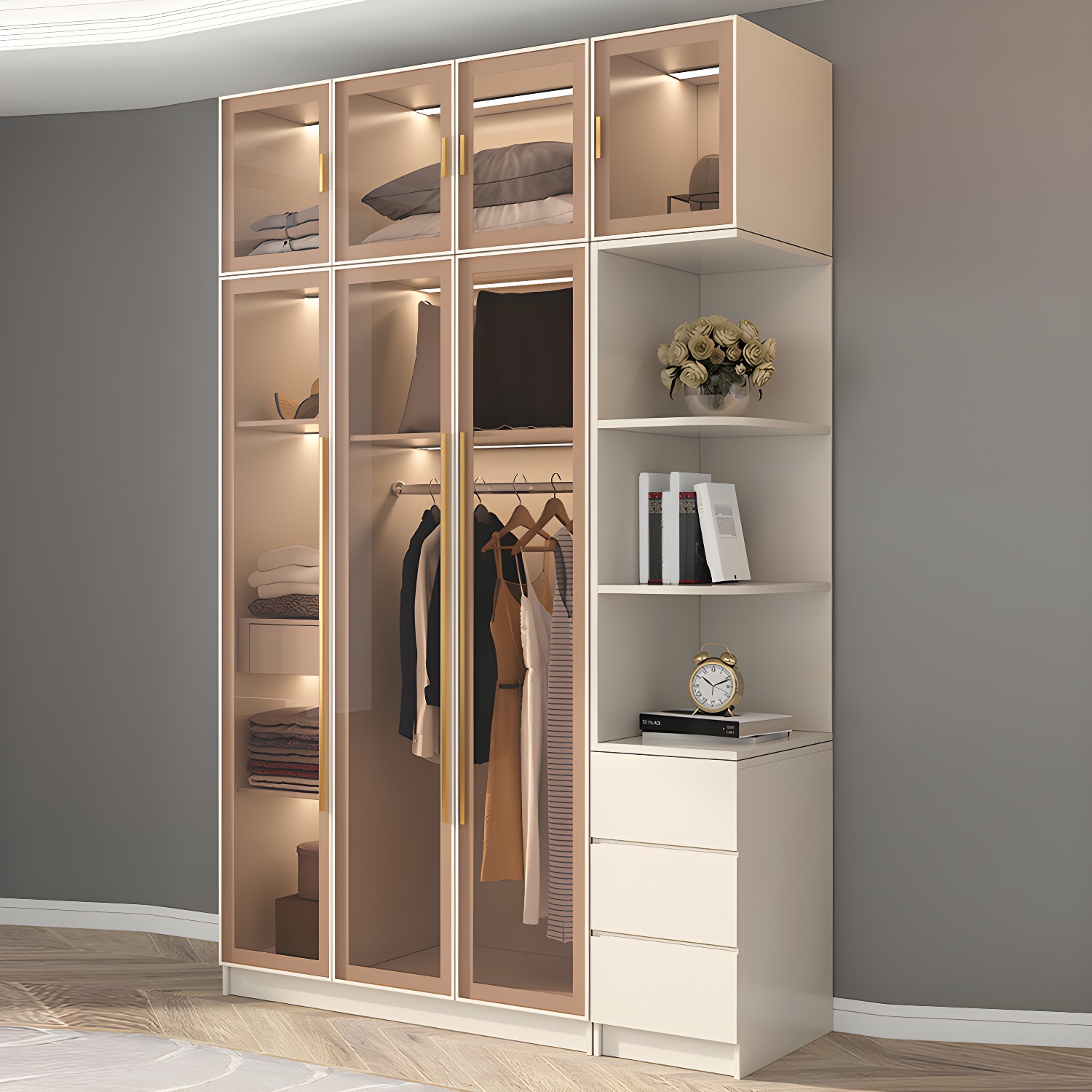 Glass and Wood Wardrobe Cabinet with Shelves Modern Wardrobe Closet - image 4