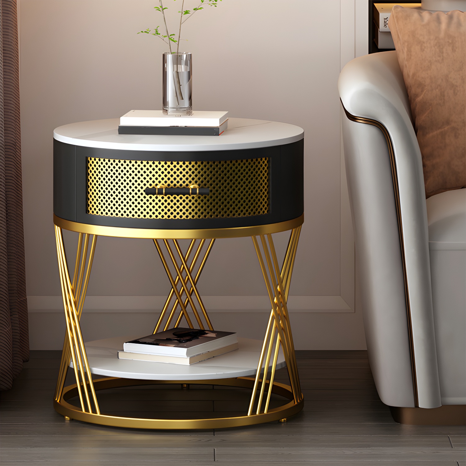 Glam Stone Top Night Table Open Storage 1-Drawer Metal Legs Included Nightstand - image 3