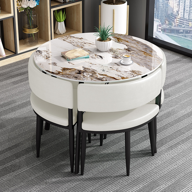 Circular Dining Table Set with a Slate Tabletop in White/Gray/Coal, Back and Cushion Chair for Dining Table for 4 in a Simple Style - image 25