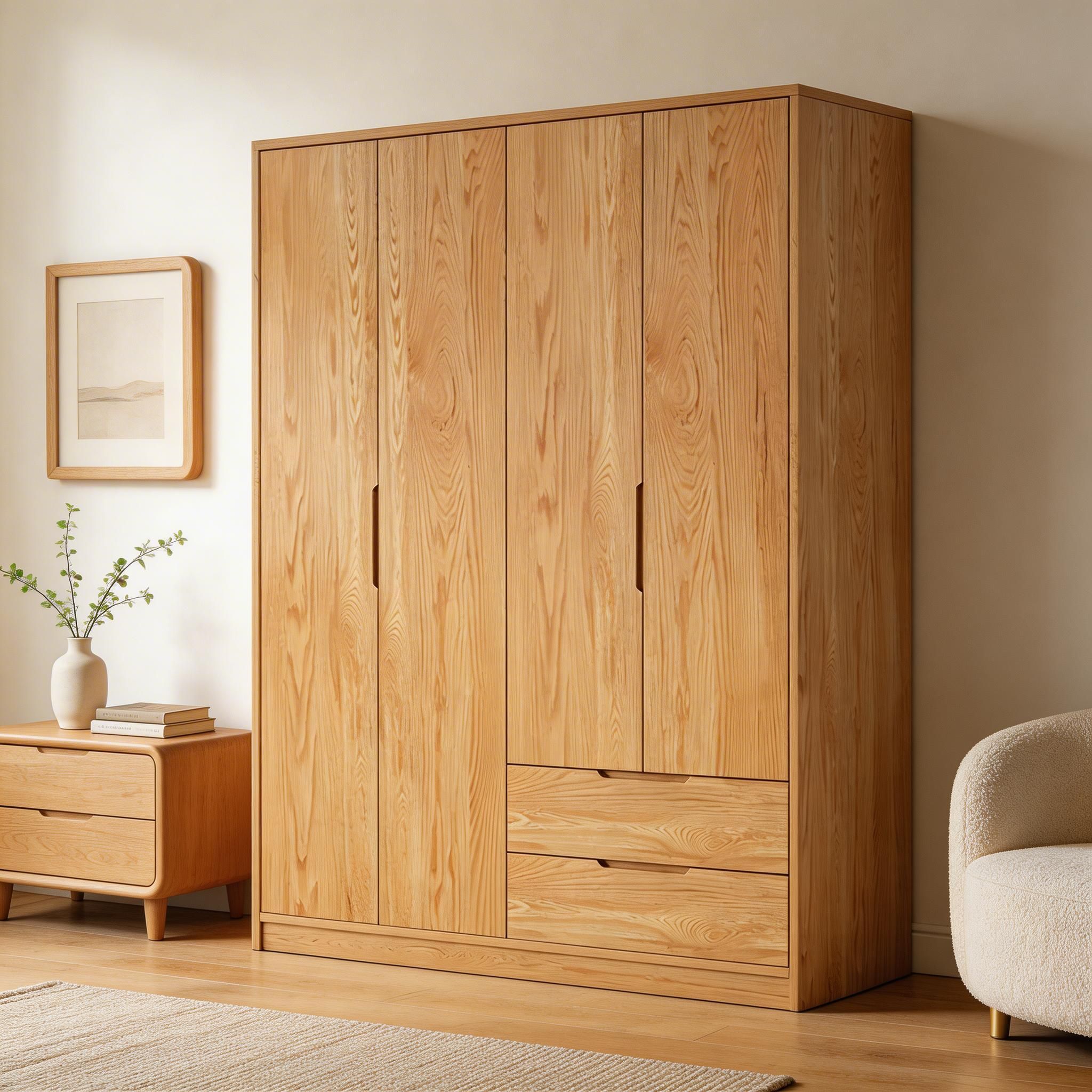 Modern Natural Wood Wardrobe Armoire with Sliding Doors, Drawers, and Shelves - image 39
