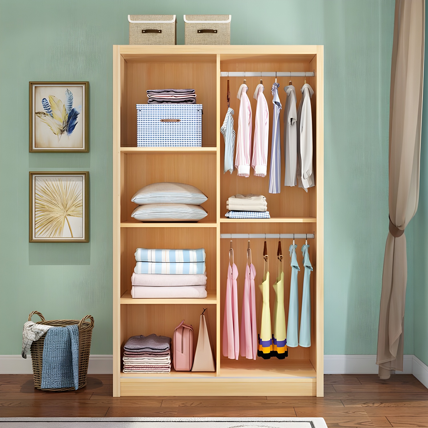 Contemporary Solid Wood Sliding Door Wardrobe Cabinet with Shelves - image 4