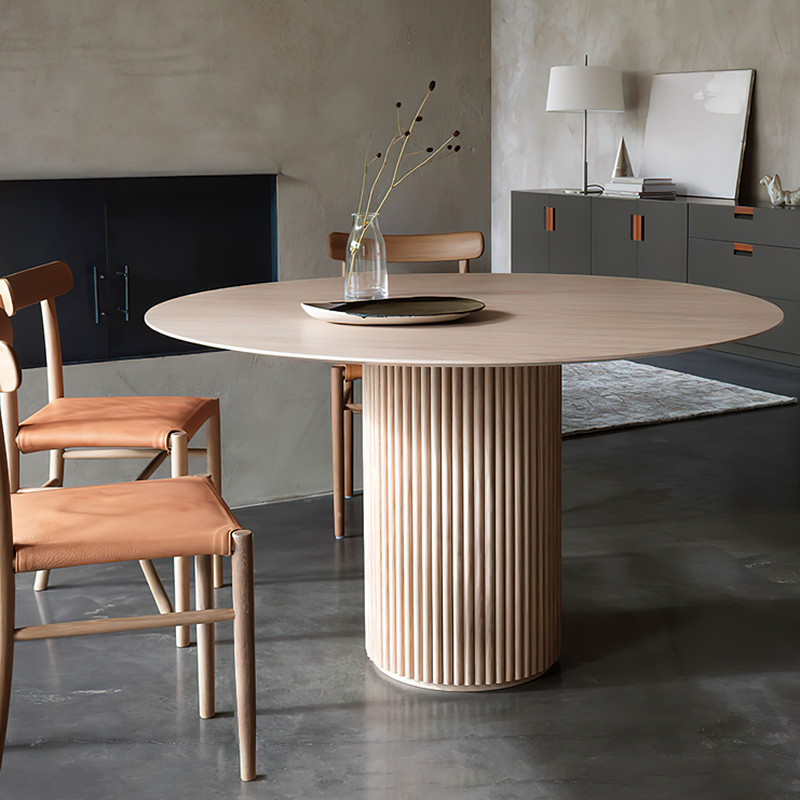 Fixed Rounded Dining Table for 4/2 People/Seats 6 with Ribbed Leg and a Slate/Wooden Tabletop in Natural/Chalk in a Nordic Style - image 4