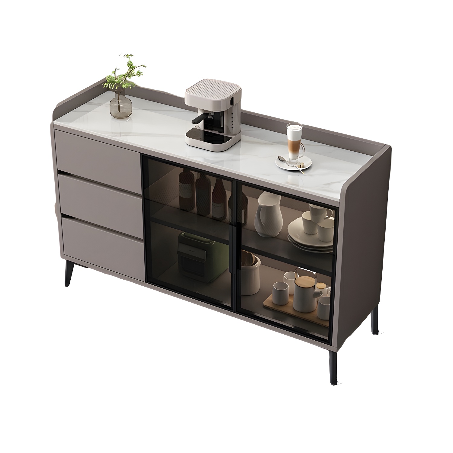 Stone Top Modern Wood Sideboard Credenza with 3 Drawers and Glass Doors - image 11