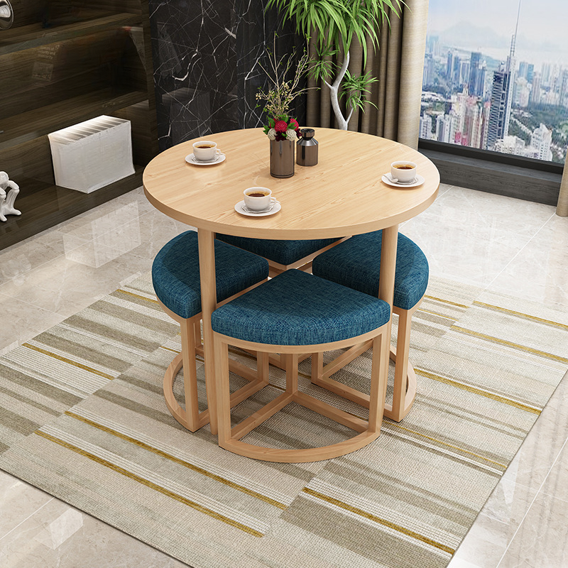 Reclaimed Wood Round Dining Table Set with Metal Toboggan Base and Upholstered Backless Chairs for 4 People