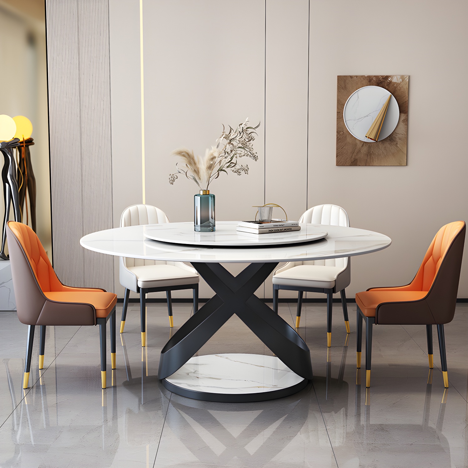 Modern Round Stone Top Lazy Susan Dining Table with Black Steel Pedestal