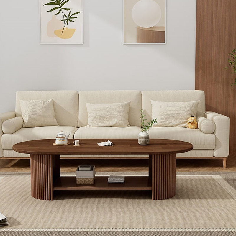 Oval Natural Wood Coffee Table with Twin Support Base, Repository, and 1 Shelf - image 3