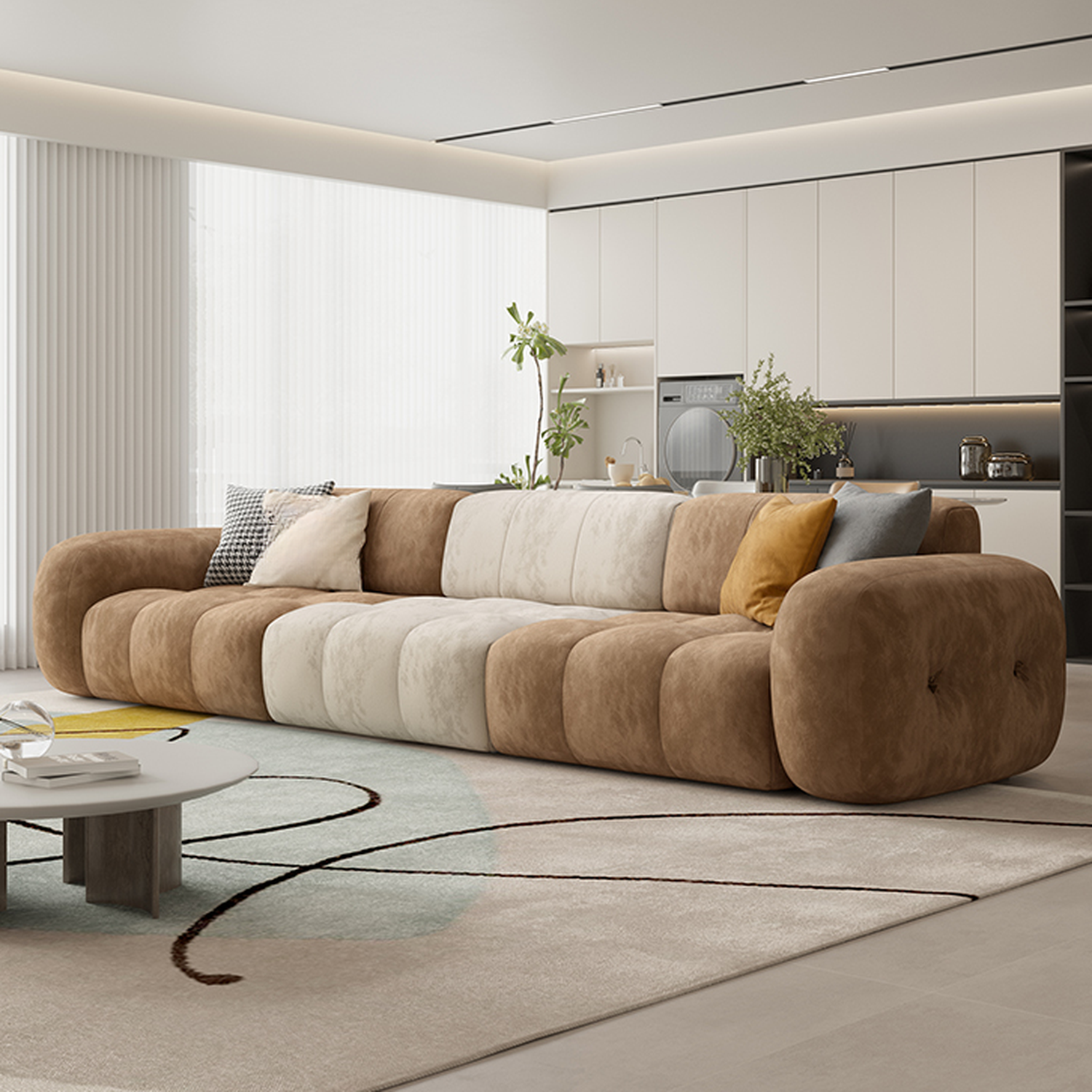 Channel Back L-Shape/Straight Right Hand Facing/Horizontal Sofa Recliner/Sofa Couch in Brown/Beige with Concealed Support & Pine Wood Frame for Living Room