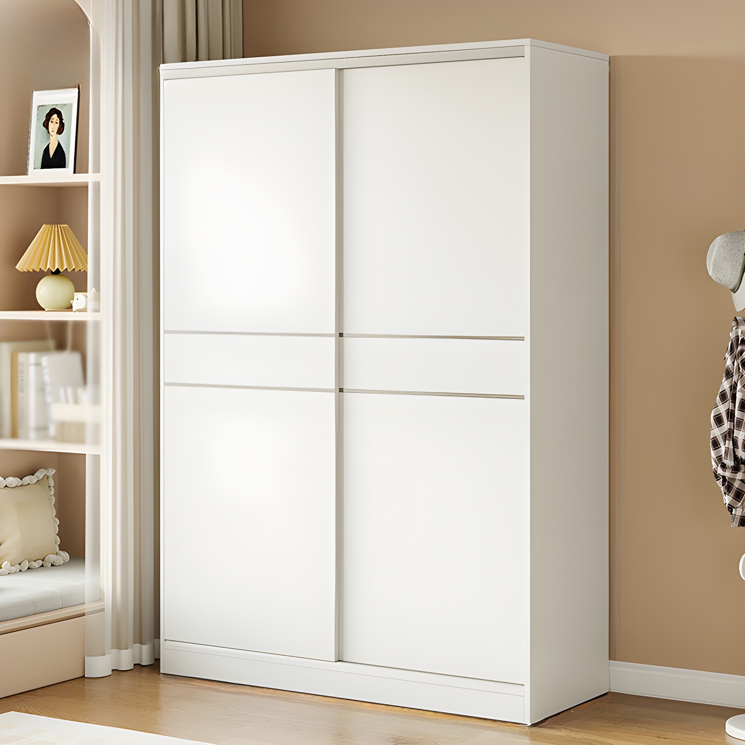 Fashionable Sliding Door Storage Wood Wardrobe with Metal Clothing Rod and Shelves in White Color
