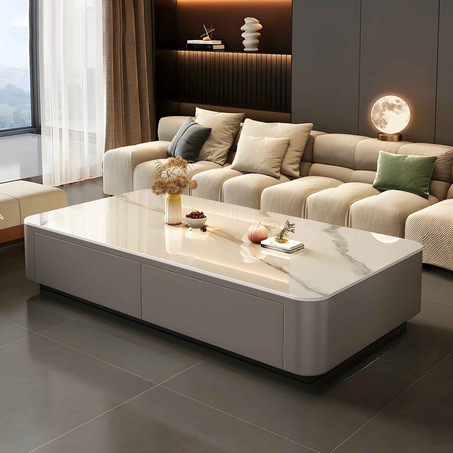 Modern Style Stone Top Steel Base Block Coffee Table with 4 Drawers Rectangular Shape
