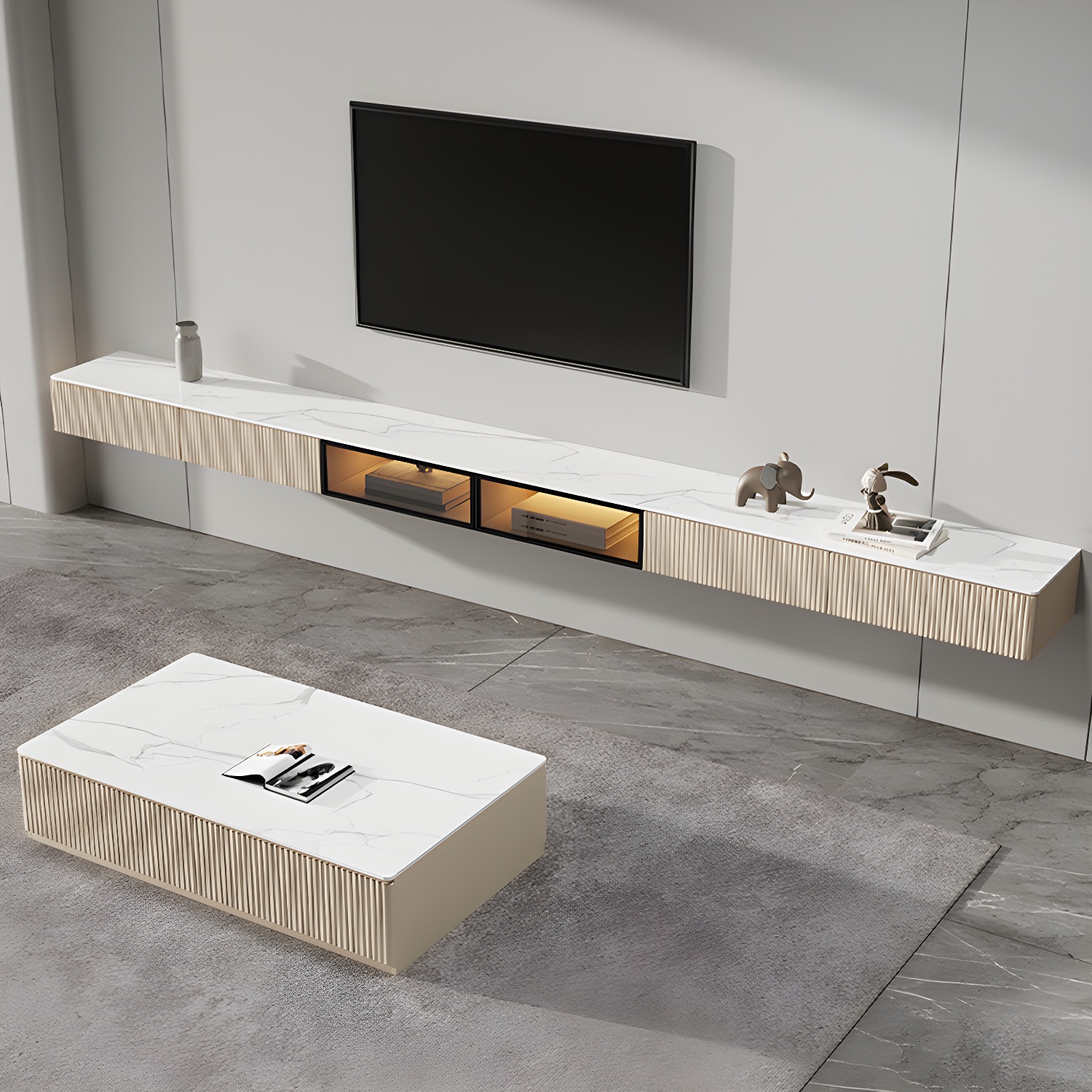 Glam Wall-mounted TV Media Stand Slate Top Wood Frame with Storage