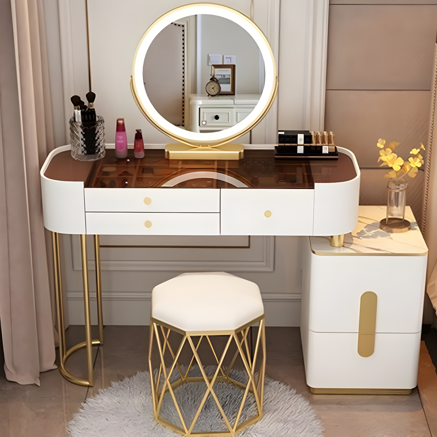 Contemporary Glass Top Vanity Dressing Table With 4/5 Drawers - image 7