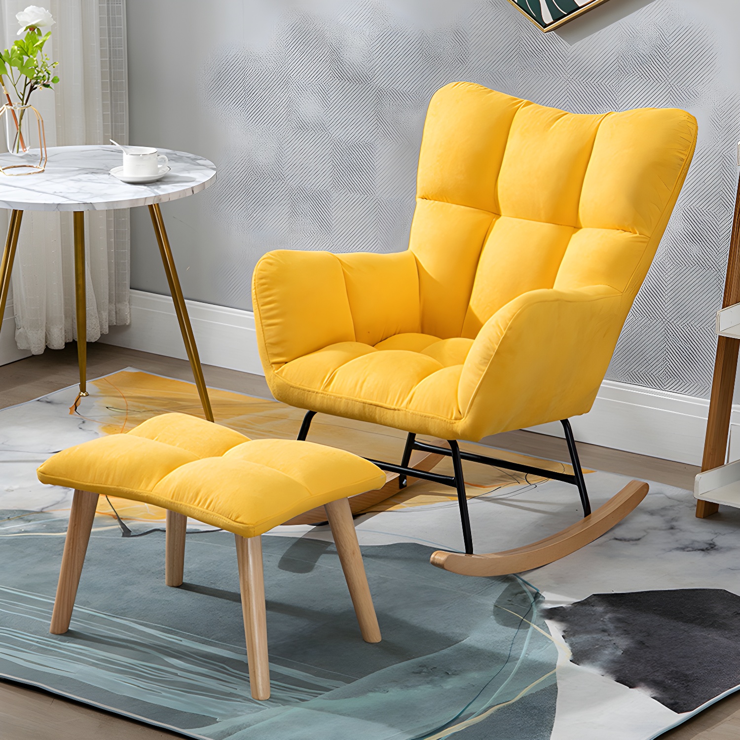 Modern Rocker Chair Upholstered Dark Legs Glider Button-Tufted - image 26