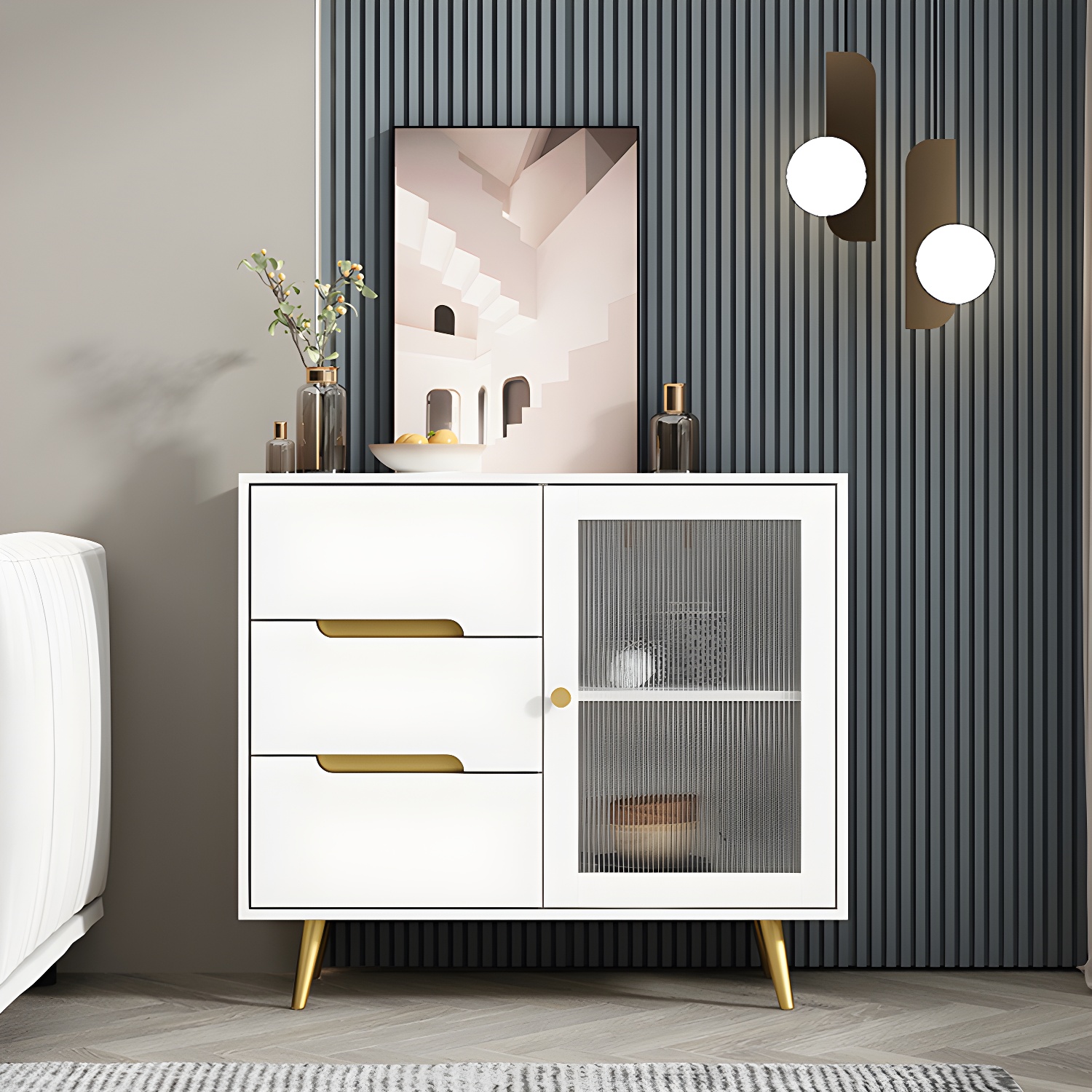 3-Drawer Engineered Wood Sideboard Modern Glass Doors Cabinets Credenza for Living Room - image 5