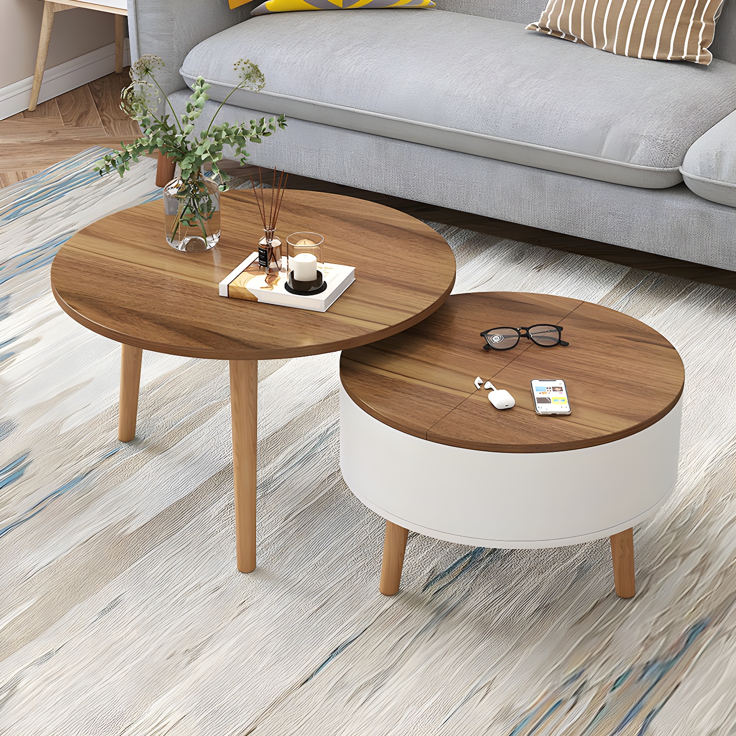 Round Solid Wood 3 Legs Coffee Table with Storage Drawers Modern Cocktail Table - image 8