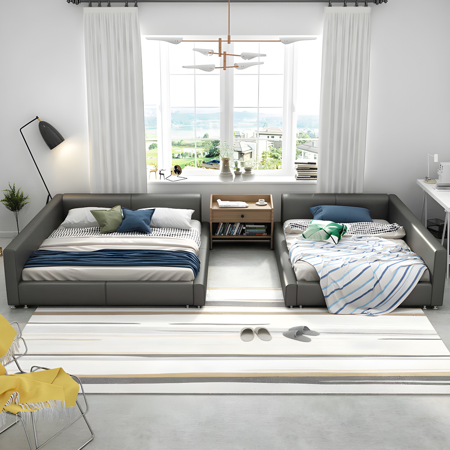 Contemporary Grey Genuine Leather and Wood Standard Bed for Bedroom - image 2