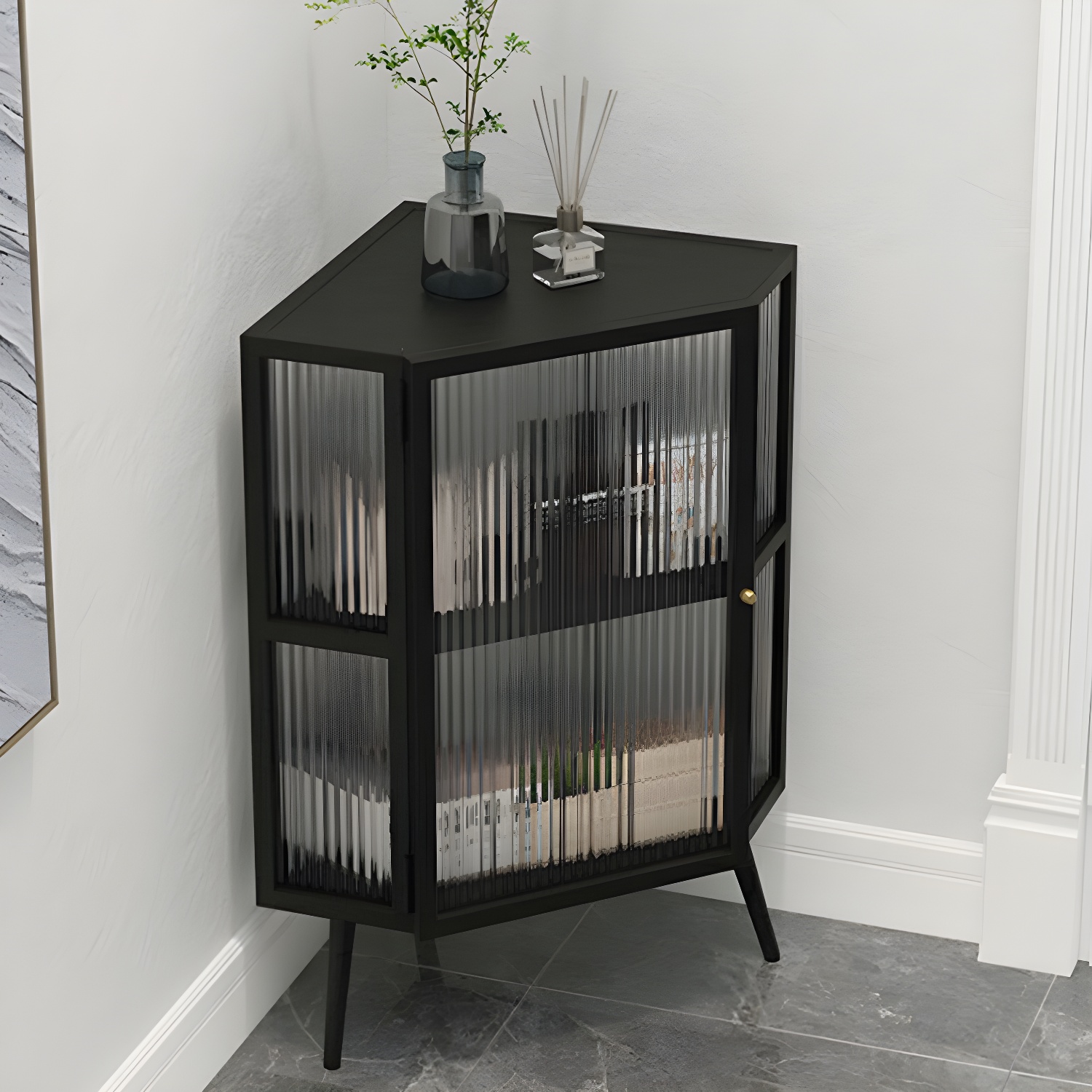 40cm Corner Modern Accent Cabinet with Glass Doors and Iron Base