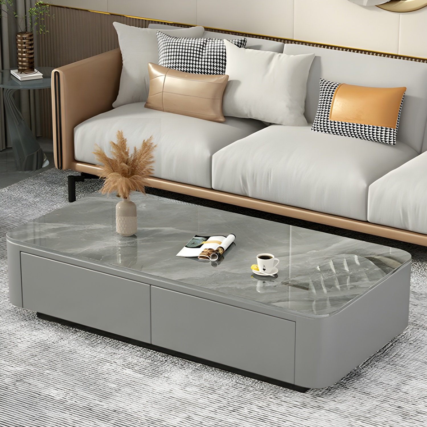 Modern Rectangular Coffee Table with Tempered Glass Top & Black Wood Base - image 4
