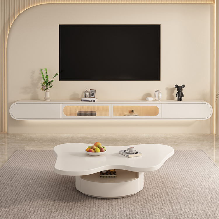 Beige Wood TV Stand with Drawers and Cabinet for Modern Style