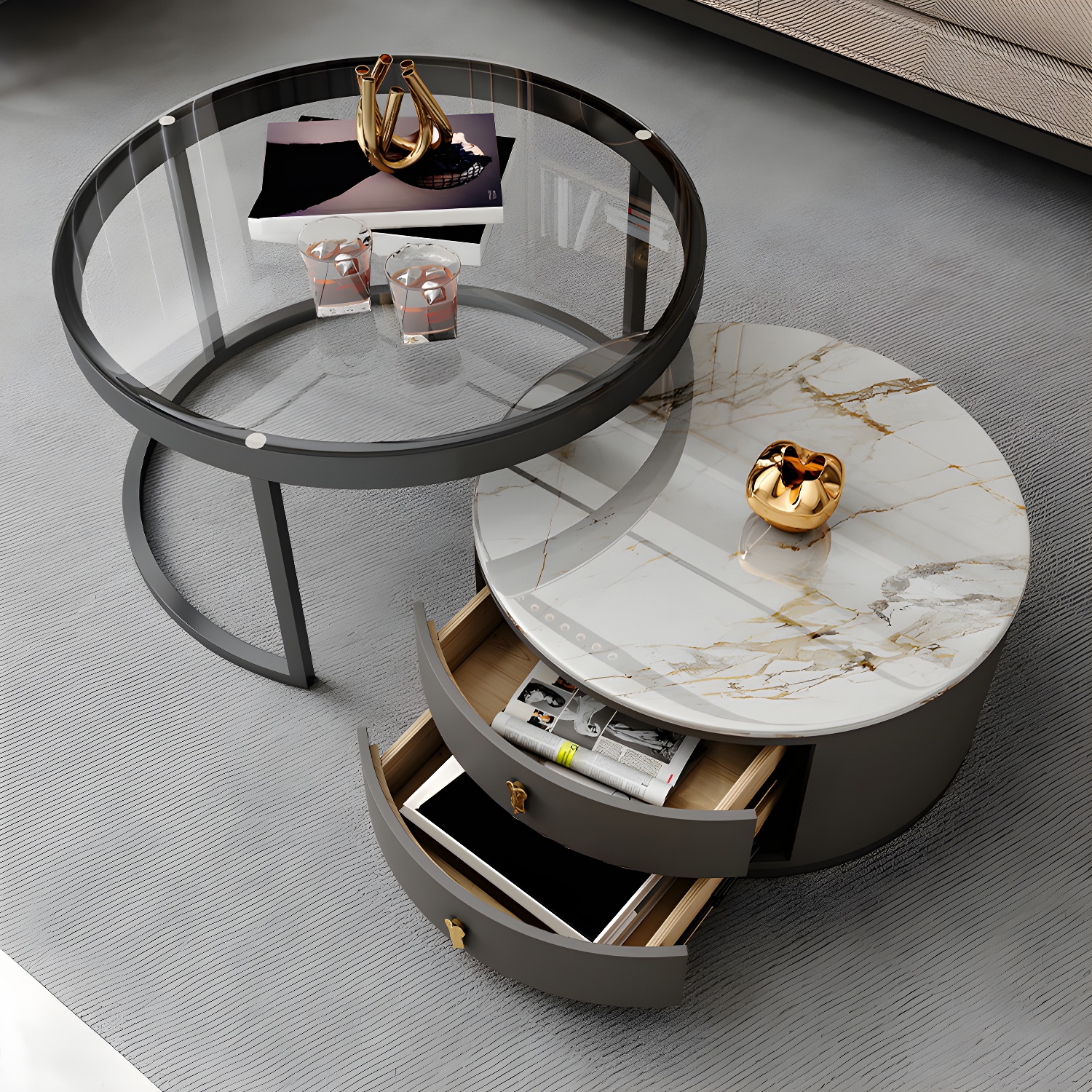 Modern Coffee Cocktail Table Round Nesting Coffee Table Set with Drawer - image 9