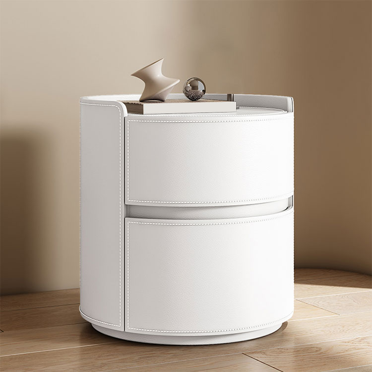 Chic Modern Round Nightstand with Light Wood Tone Faux Leather and Numerate Two Drawer Storage - image 11