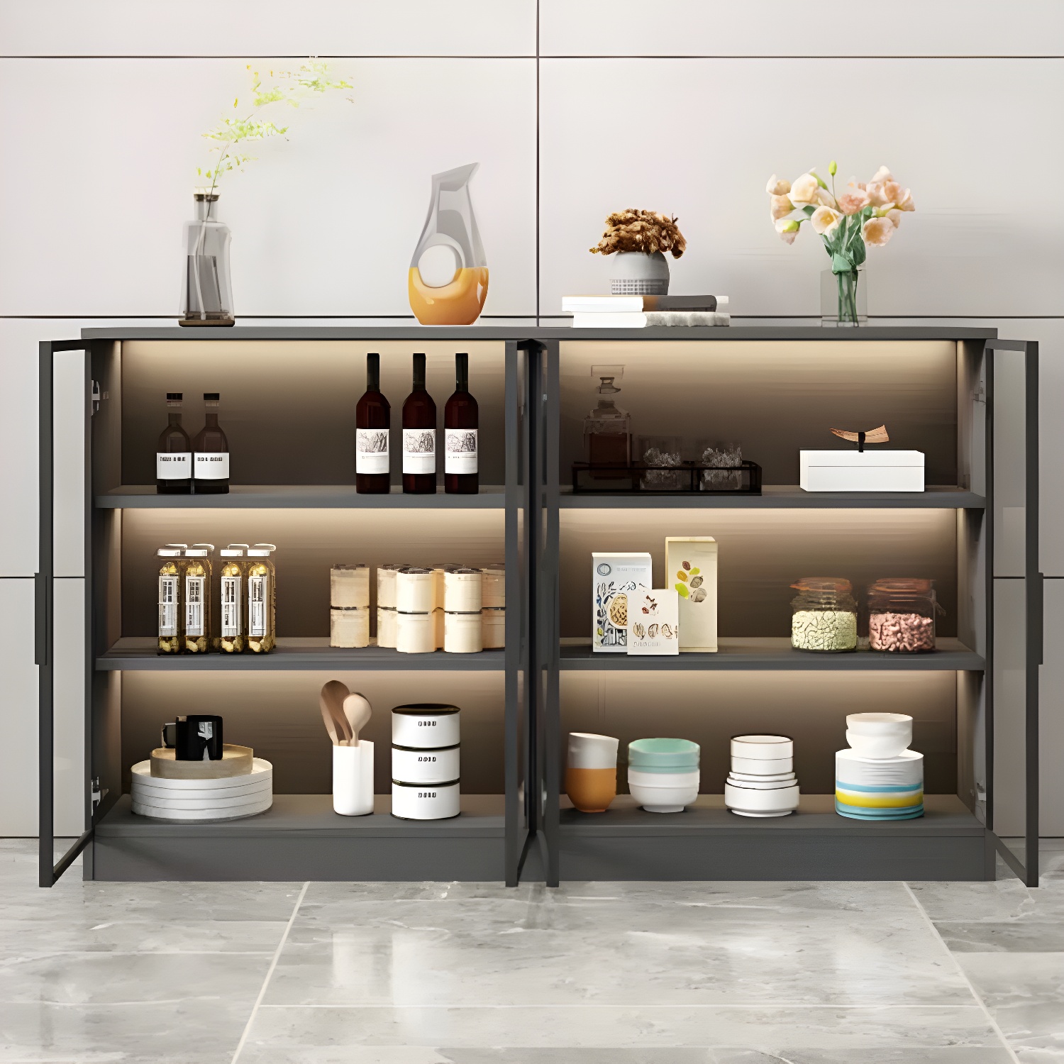 Black Modern Wood Sideboard Credenza with Glass Doors and Interior Shelves - image 8