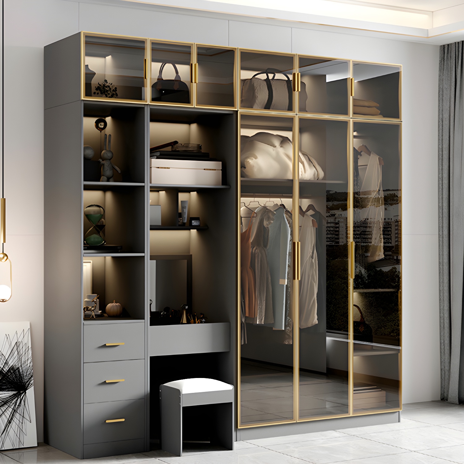 Glass and Wood Wardrobe Armoire Contemporary Wardrobe Closet - image 4