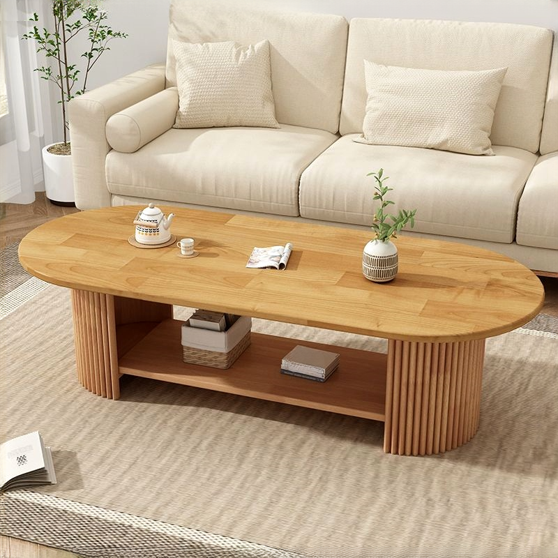 Oval Natural Wood Coffee Table with Twin Support Base, Repository, and 1 Shelf - image 8