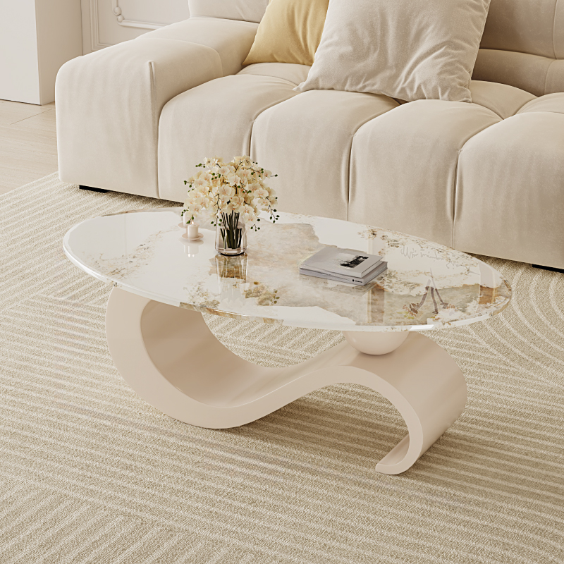 Simple Rock Coffee Table Chalk Scratch-proofed with Oblong/Circular Tabletop & Abstract/Stump Base for Foyer