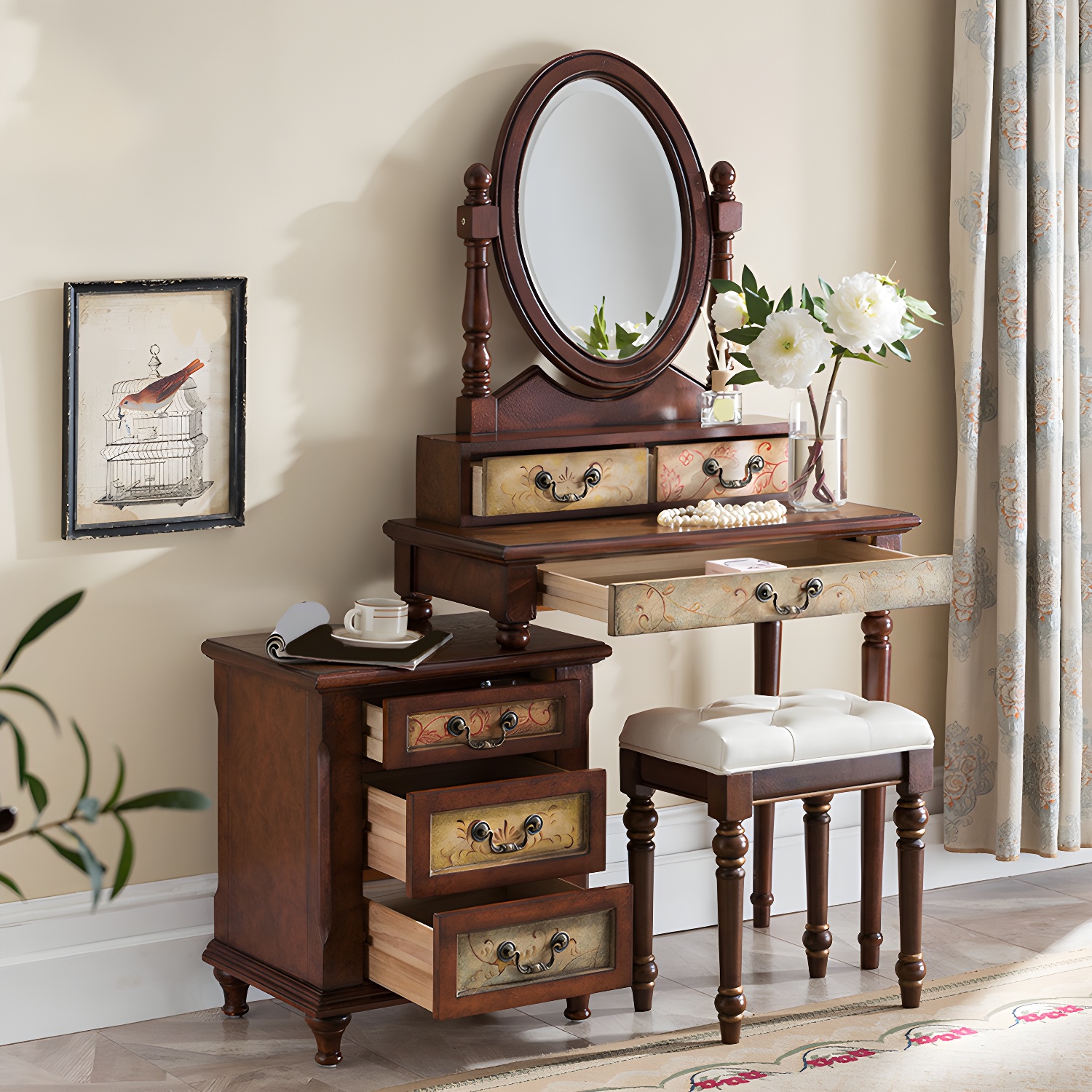 Victorian Vanity Set Solid Wood Drawers Included Makeup Dressing Table With Mirror & Stool - image 6