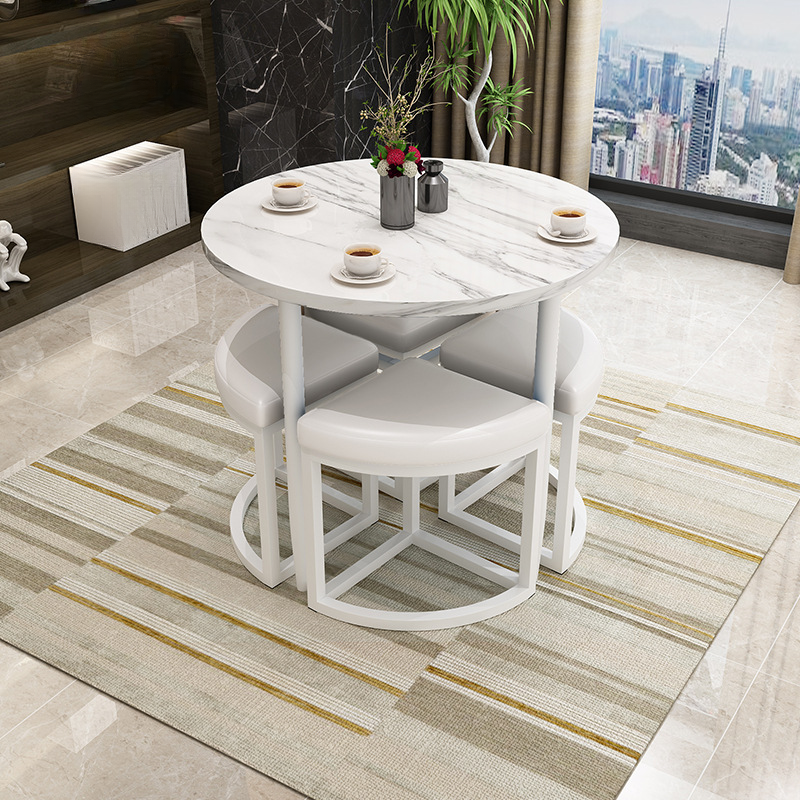 Reclaimed Wood Round Dining Table Set with Metal Toboggan Base and Upholstered Backless Chairs for 4 People - image 26
