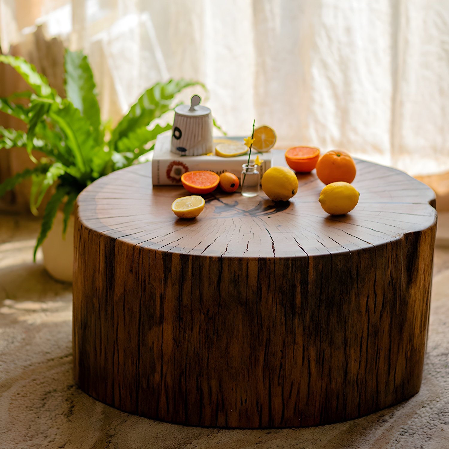 Round Wood Mid-Century Modern Coffee Table with Drum Base and Distressed Finish - image 5