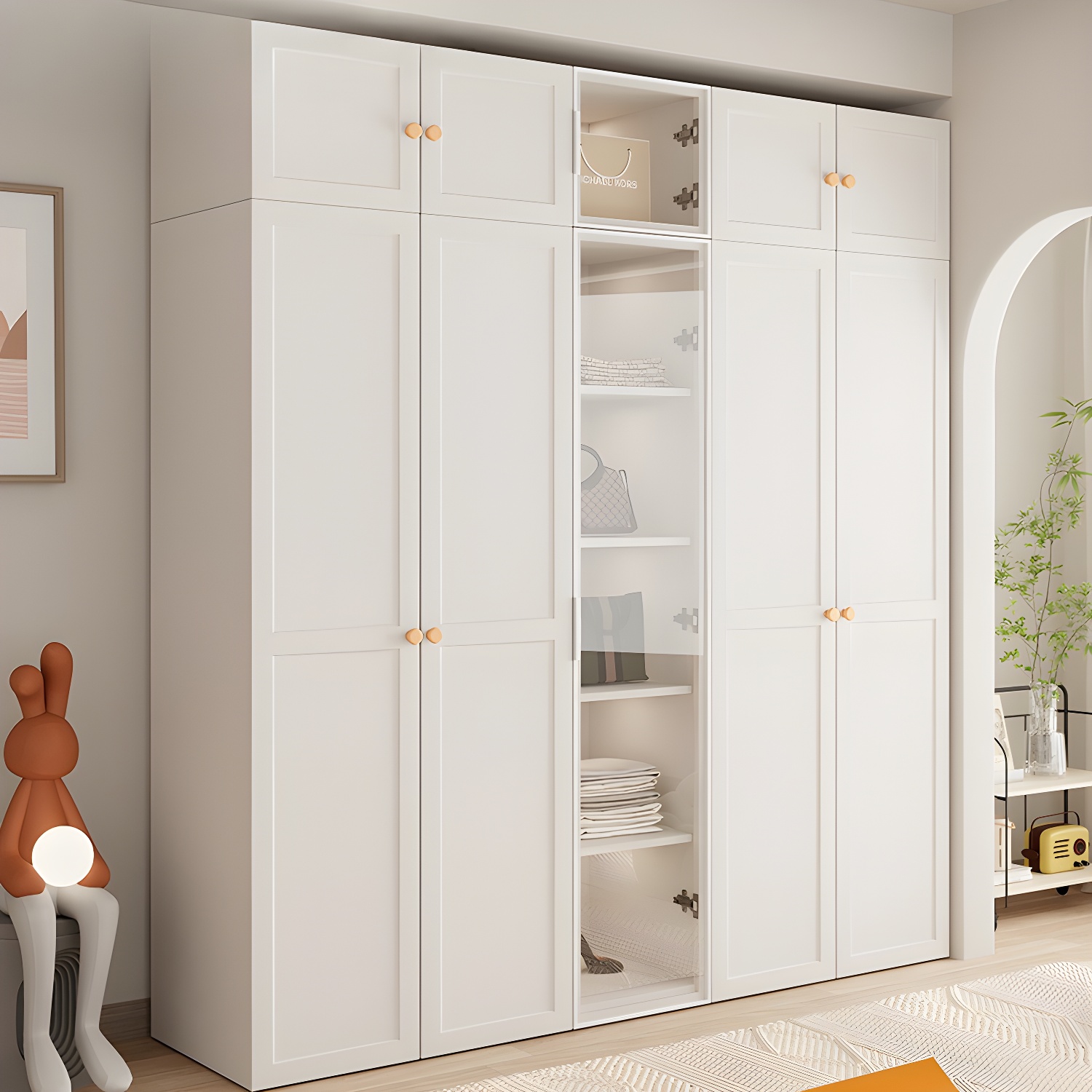 Modern White Wardrobe Armoire with Clothing Rod and Shelves - Soft Close, No Distressing