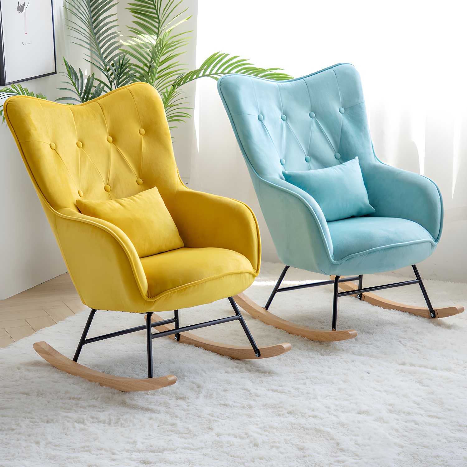 Stylish Modern Upholstered Rocking Chair with Natural Wood Legs and Tufted Back Cushion - image 10