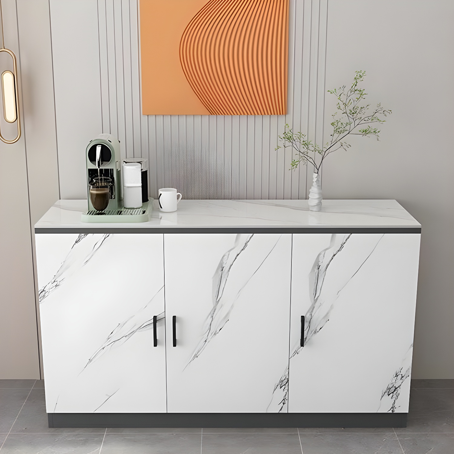 White Modern Wood Server with Stone Countertop and Cabinet Included