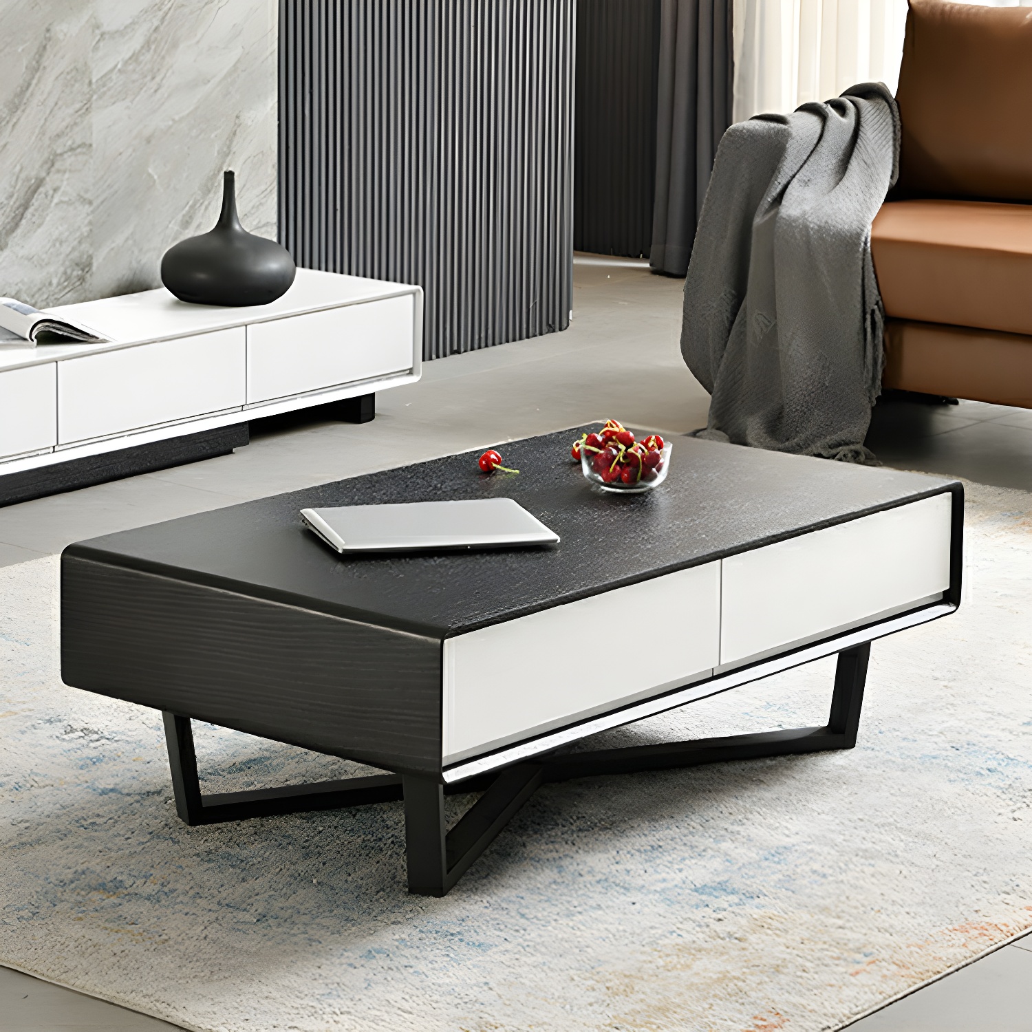 Rectangular Wood Modern Coffee Table with Black Metal Cross Legs and Storage Drawers - image 20