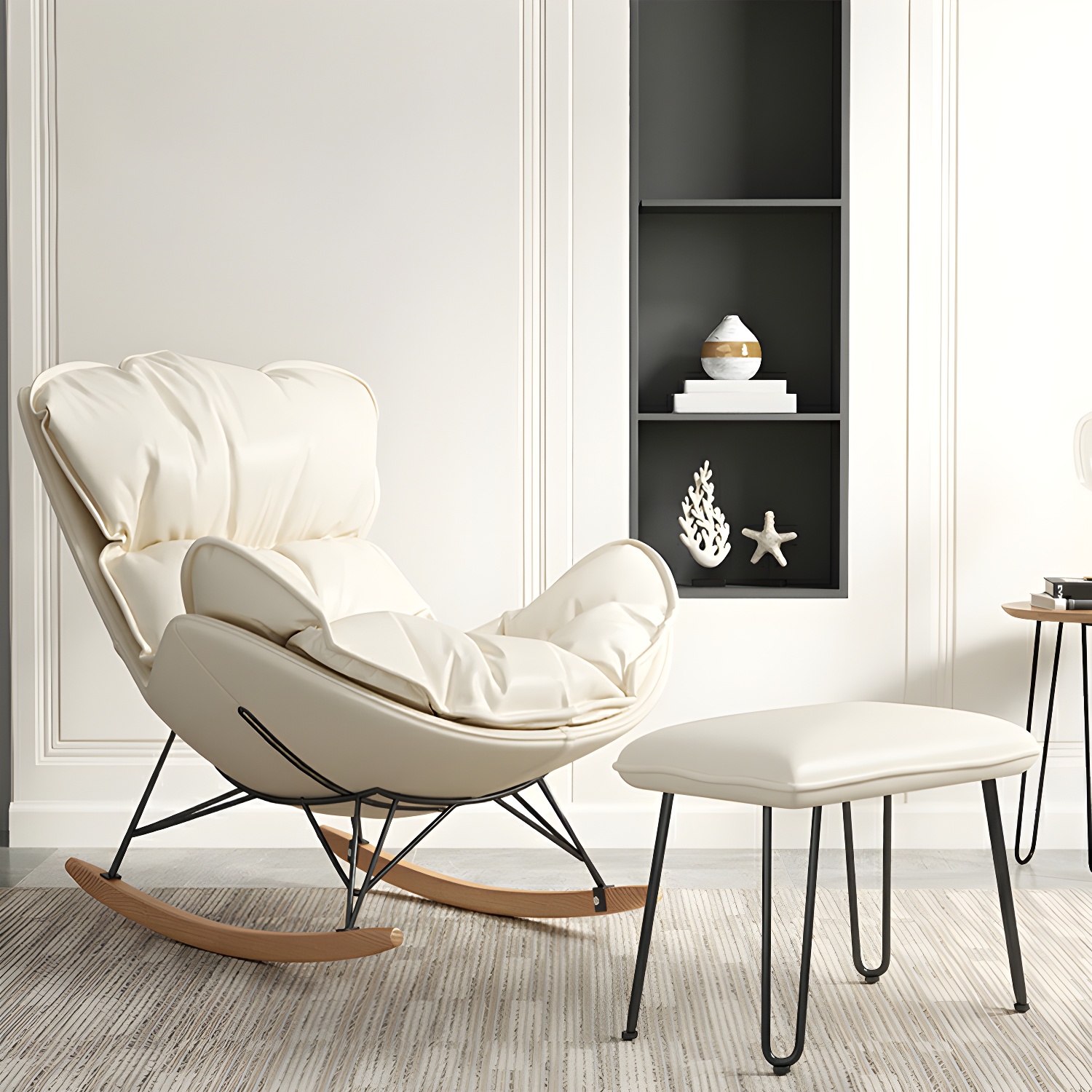 Modern Metal Rocking Chair with Upholstered Seat - Brown Legs, Removable Cushions - image 9