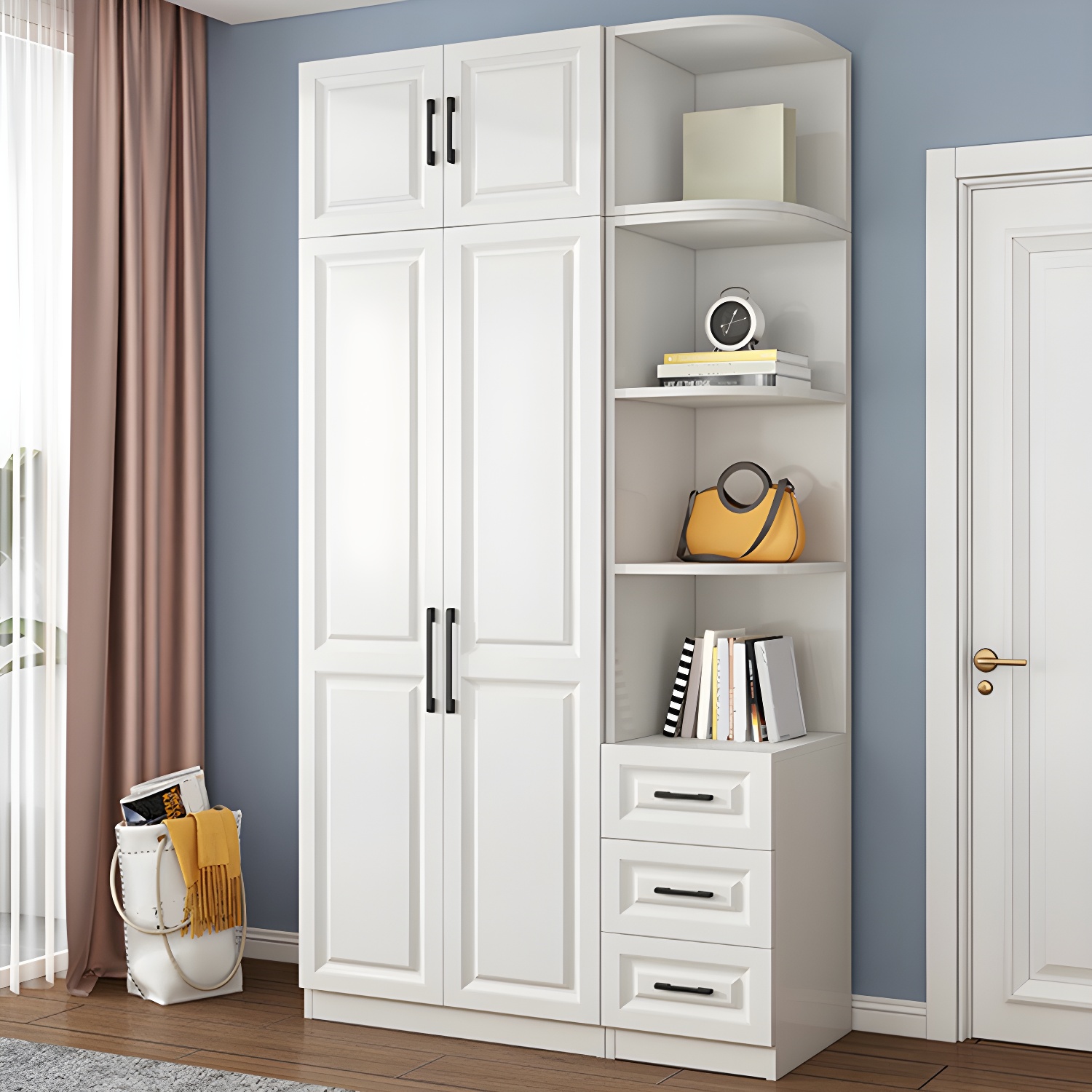 Modern White Wood Wardrobe Armoire with Shelves & Clothing Rod - Spacious and Stylish - image 3