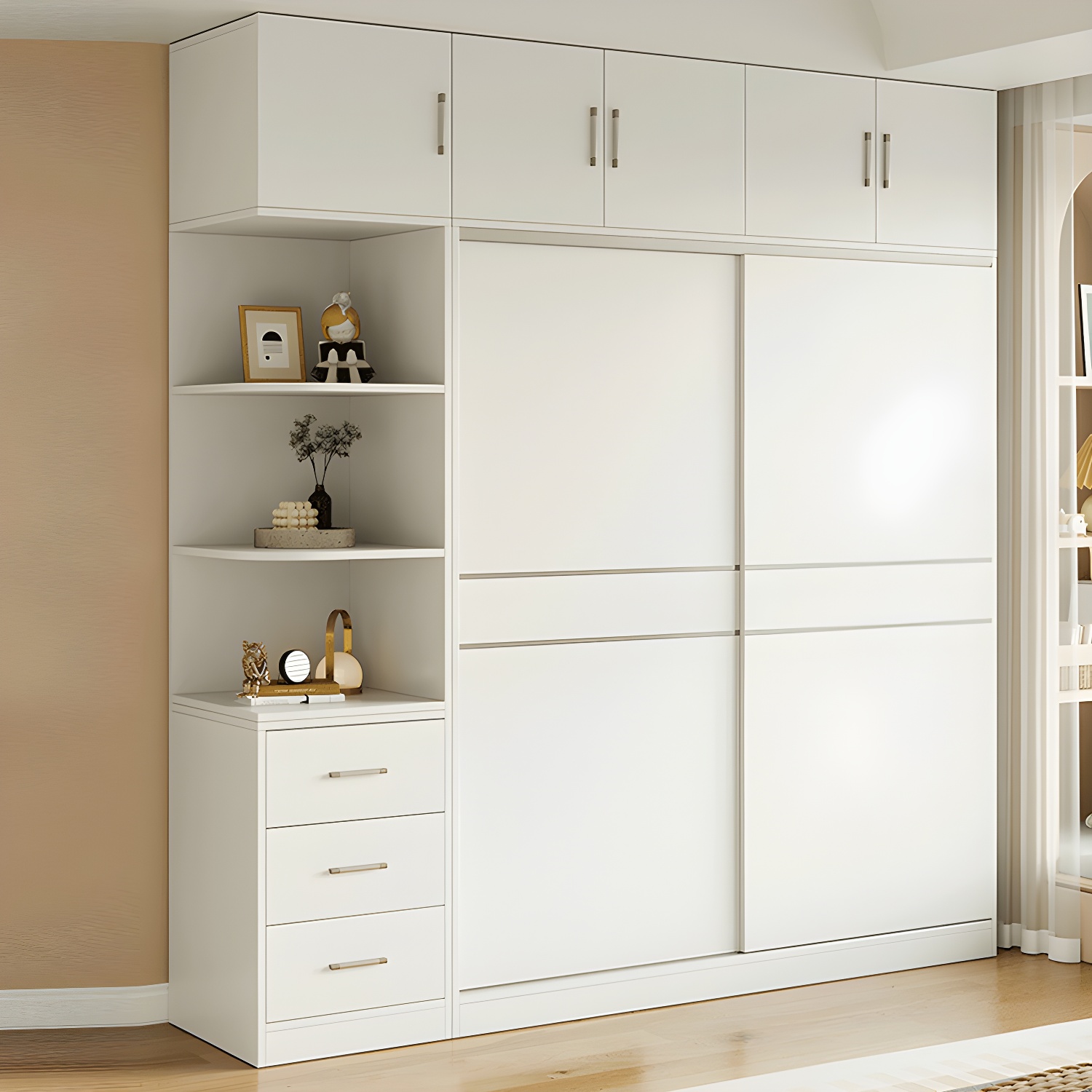 Modern White Wood Wardrobe Armoire with Sliding Doors, Shelves, and Soft Close Drawers