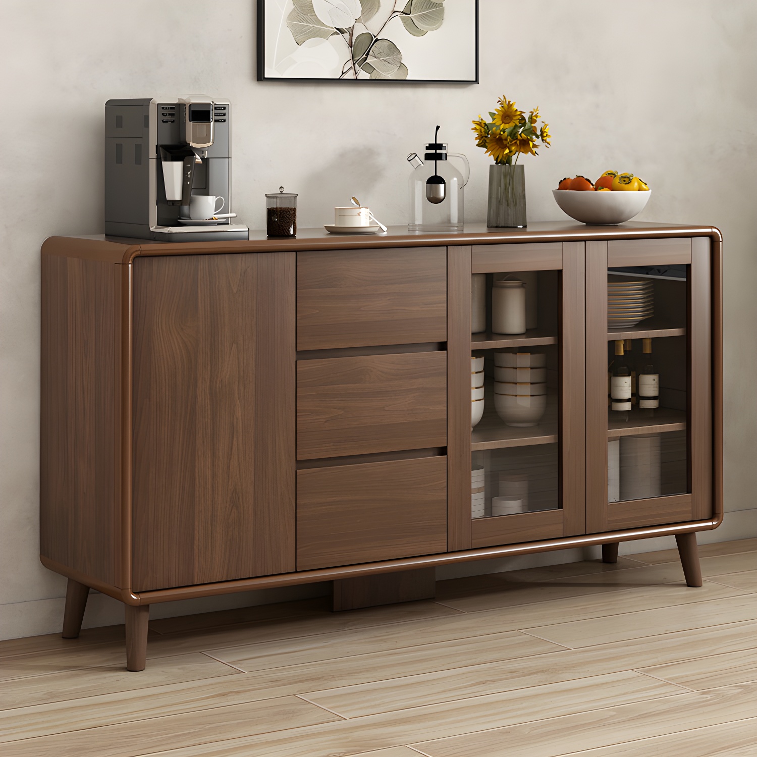 Modern Brown Wood Sideboard with Cabinets and Drawers - Stylish and Functional Buffet for Storage