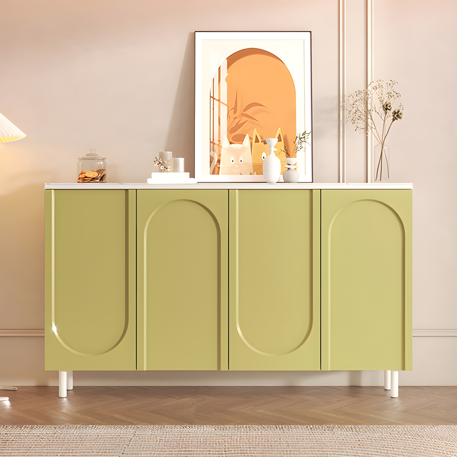 Scandinavian Wood Buffet Sideboard Cabinet with Stone Countertop Shelves Included - image 7