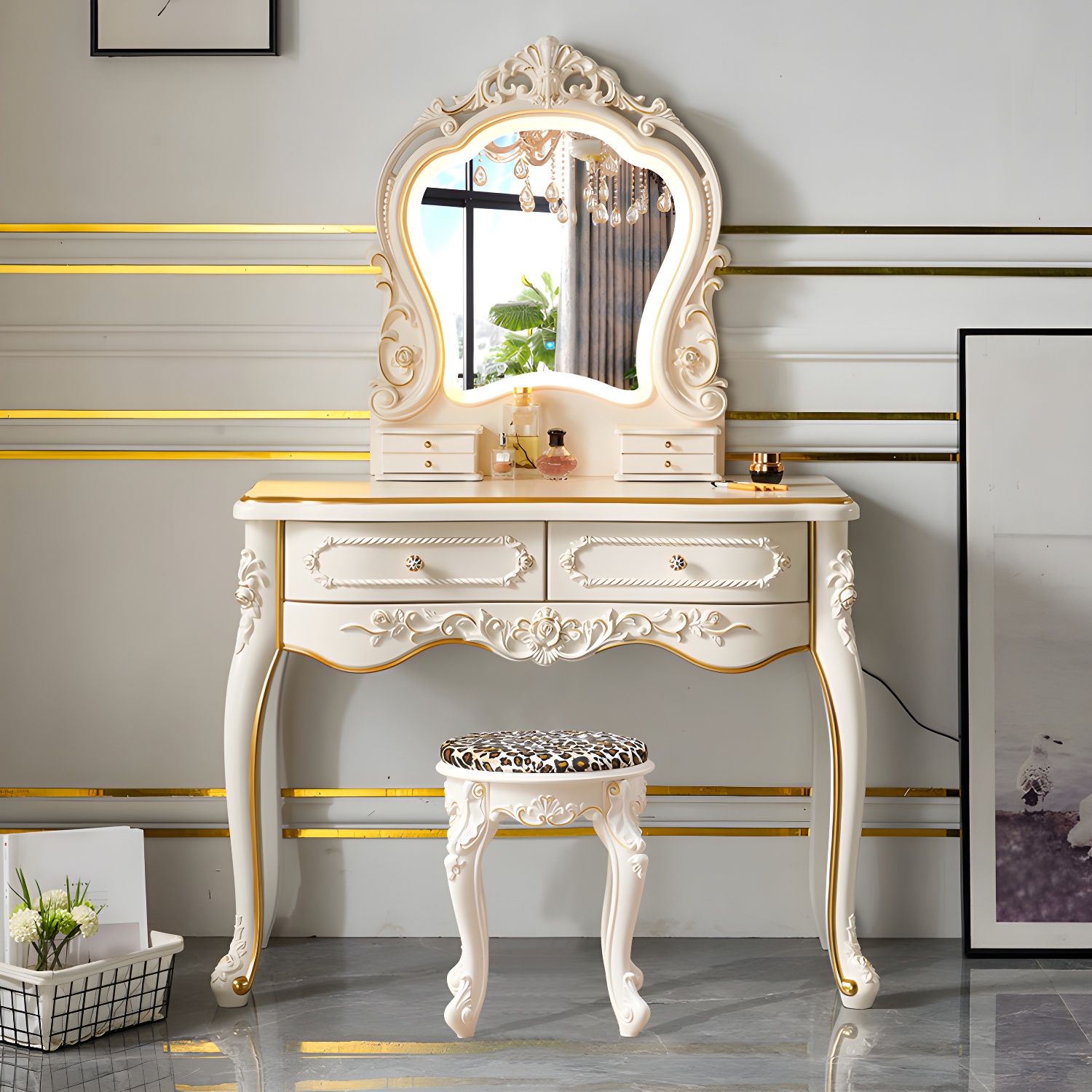 Victorian Make up Table Stool Set with Mirror and Drawers for Bedroom - image 5