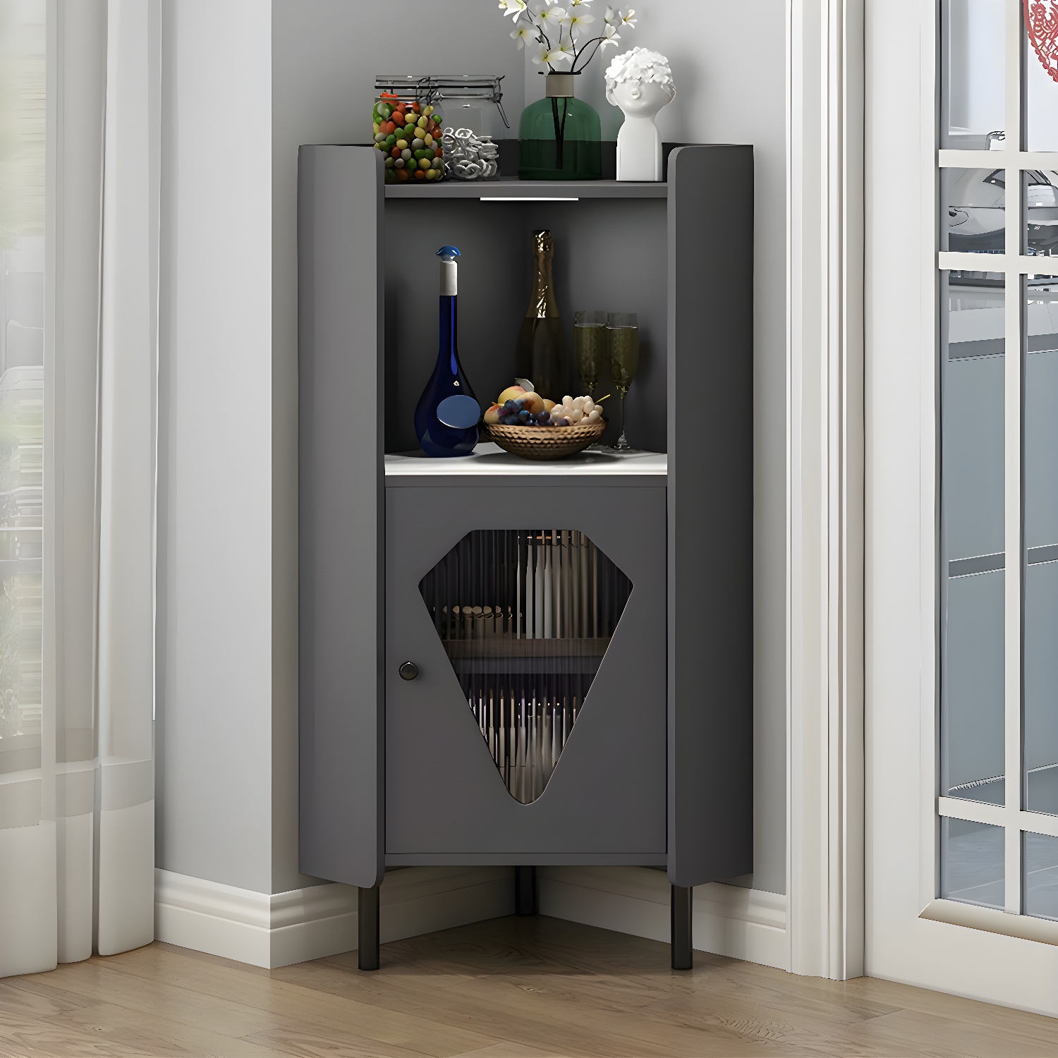 Glam Corner Accent Cabinet with Glass Doors and Wood Countertop in Small (Under 24 in.) Length