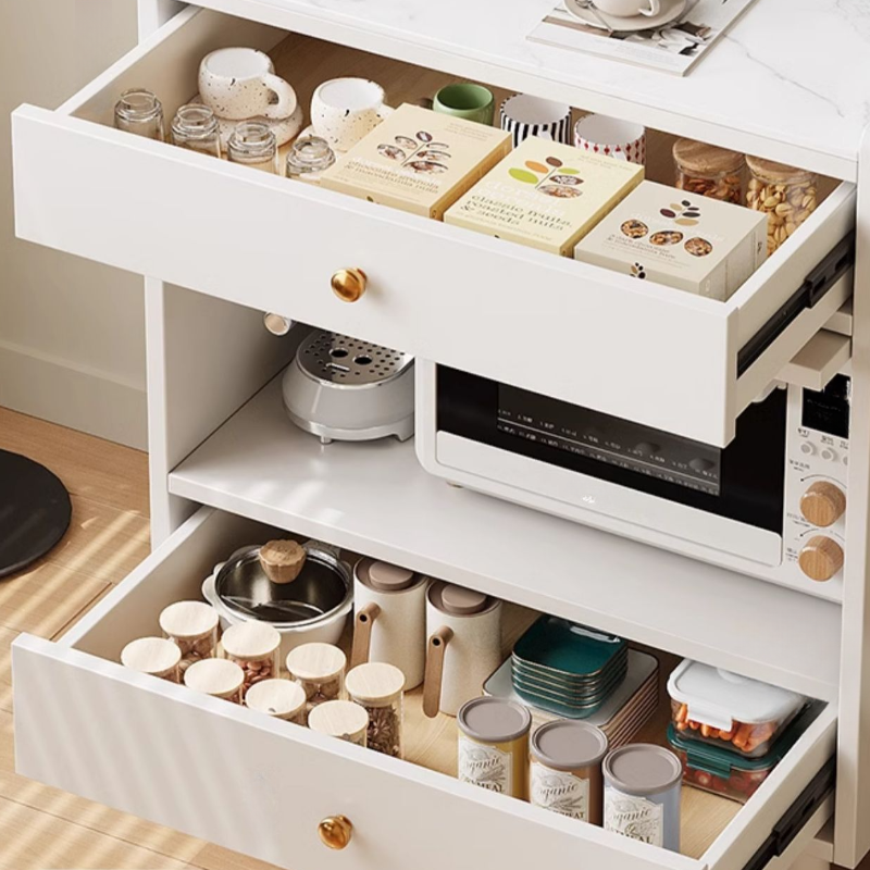 Simple Narrow Microwave Shelf Cabinet with 2 Drawers, Sintered Stone Countertop, Glazed Door, and Adjustable Shelving - image 9