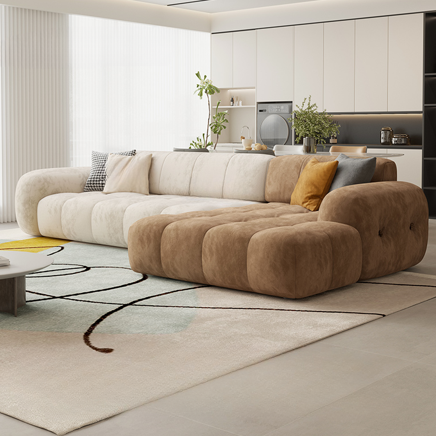 Channel Back L-Shape/Straight Right Hand Facing/Horizontal Sofa Recliner/Sofa Couch in Brown/Beige with Concealed Support & Pine Wood Frame for Living Room - image 12