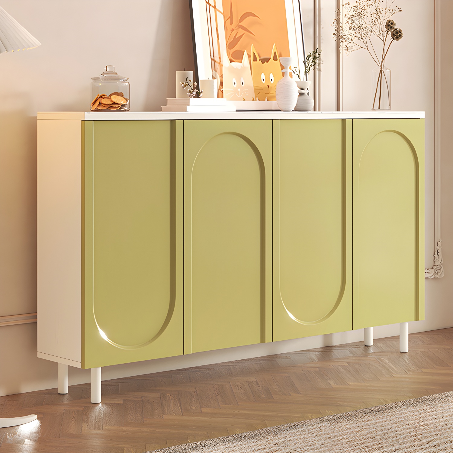 Scandinavian Wood Buffet Sideboard Cabinet with Stone Countertop Shelves Included - image 5