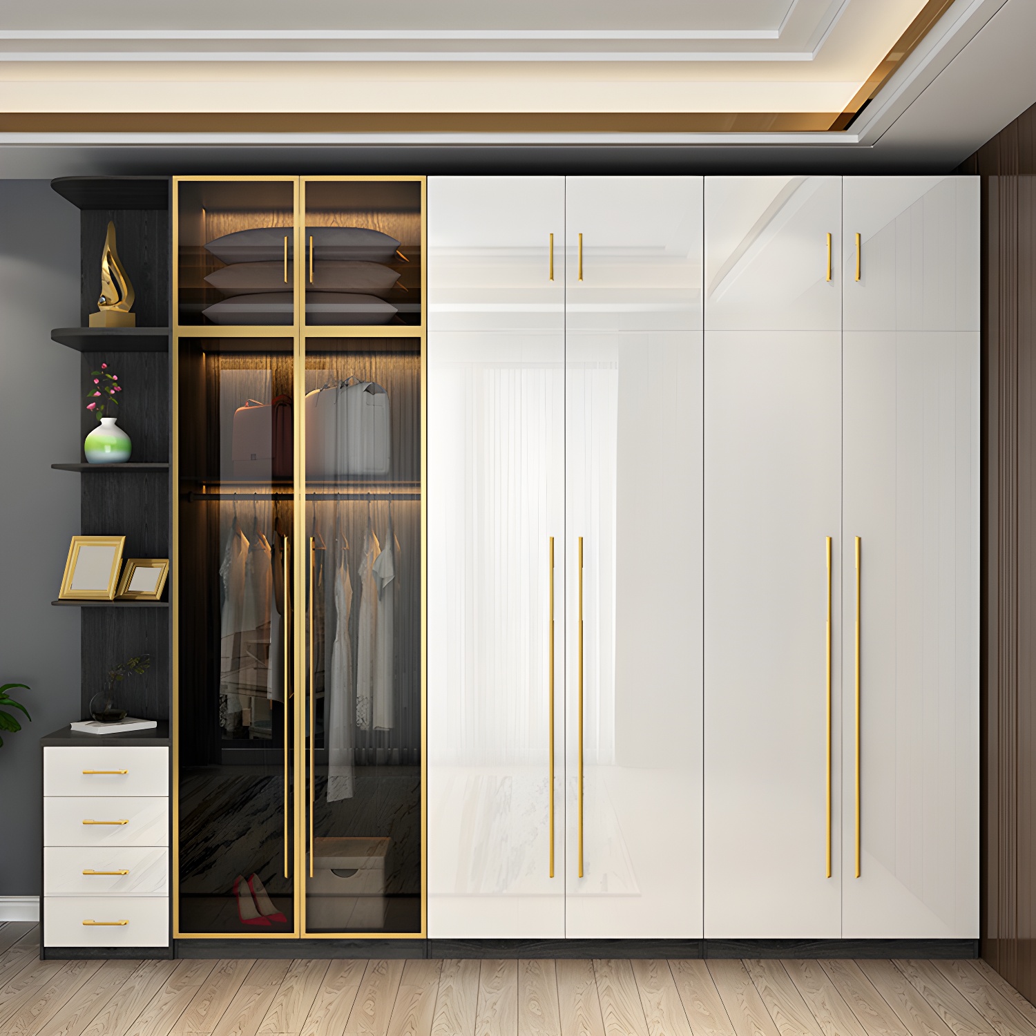 Modern Tempered Glass Doors Wardrobe Wood Frame Wardrobe without Light