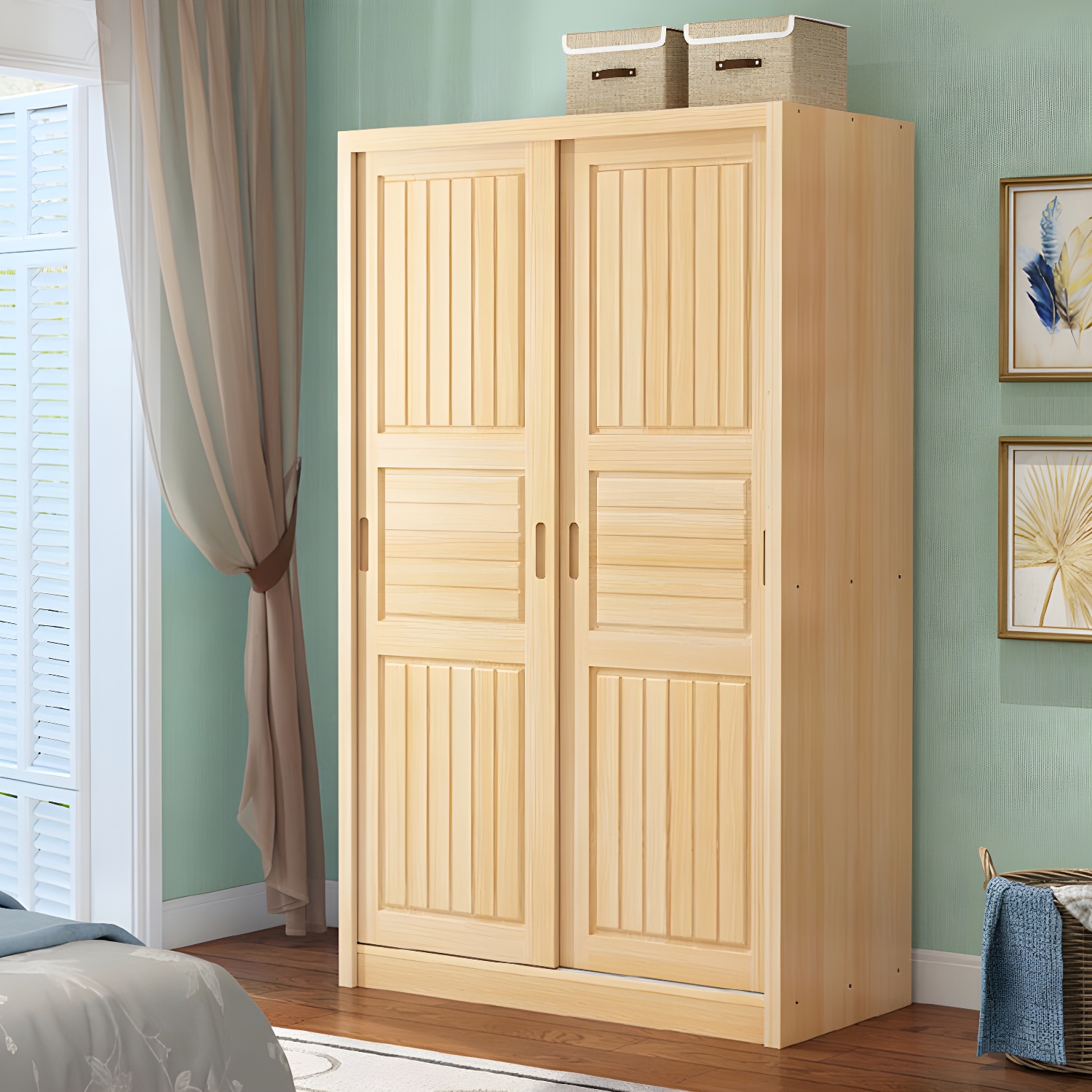 Contemporary Solid Wood Sliding Door Wardrobe Cabinet with Shelves - image 13