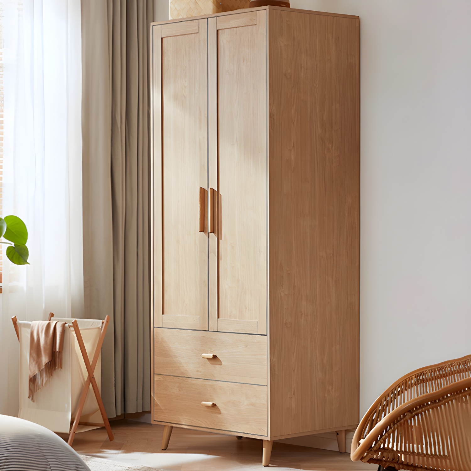 Modern Natural Wood Wardrobe Armoire with Clothing Rod, Shelves, and Soft-Close Drawers
