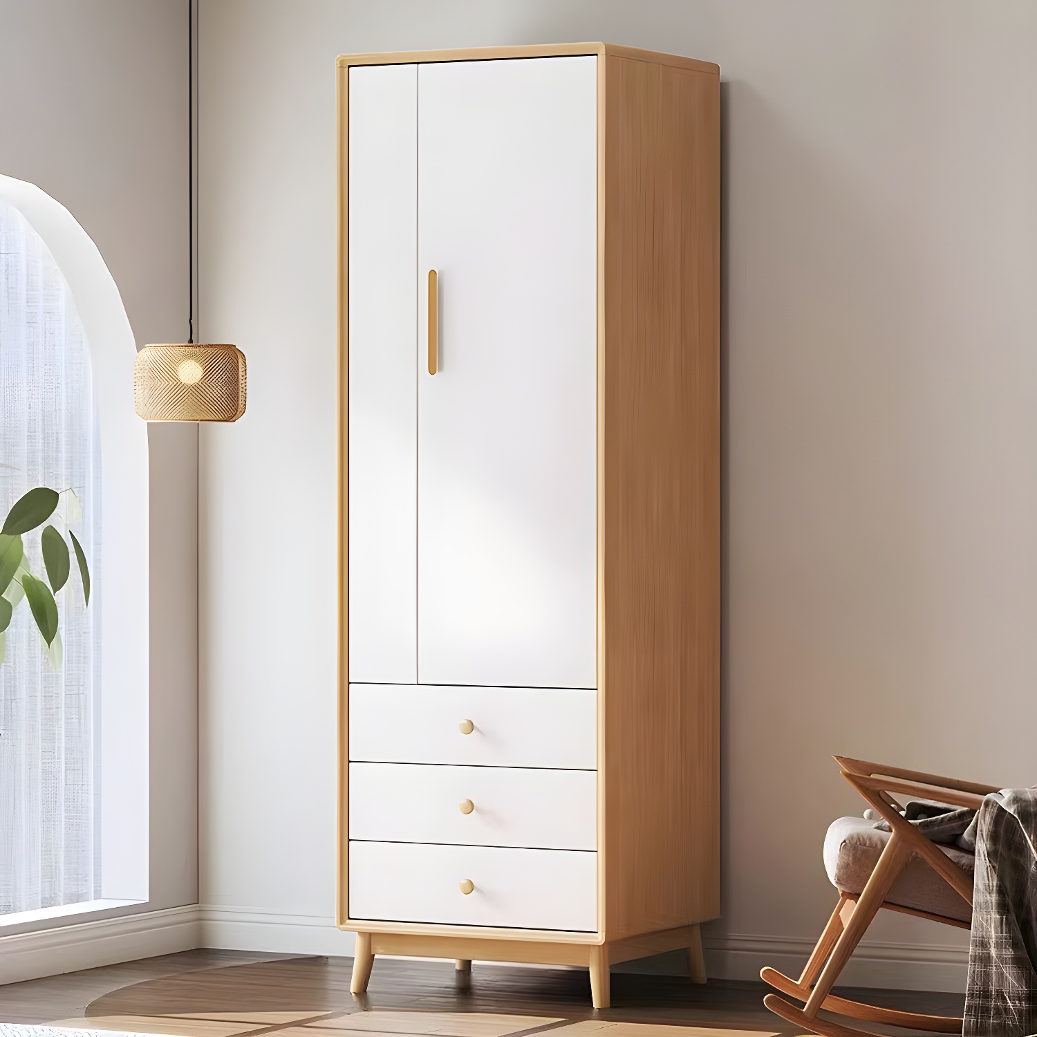 Scandinavian Natural Wood Wardrobe with Clothing Rod and Shelves for Bedroom